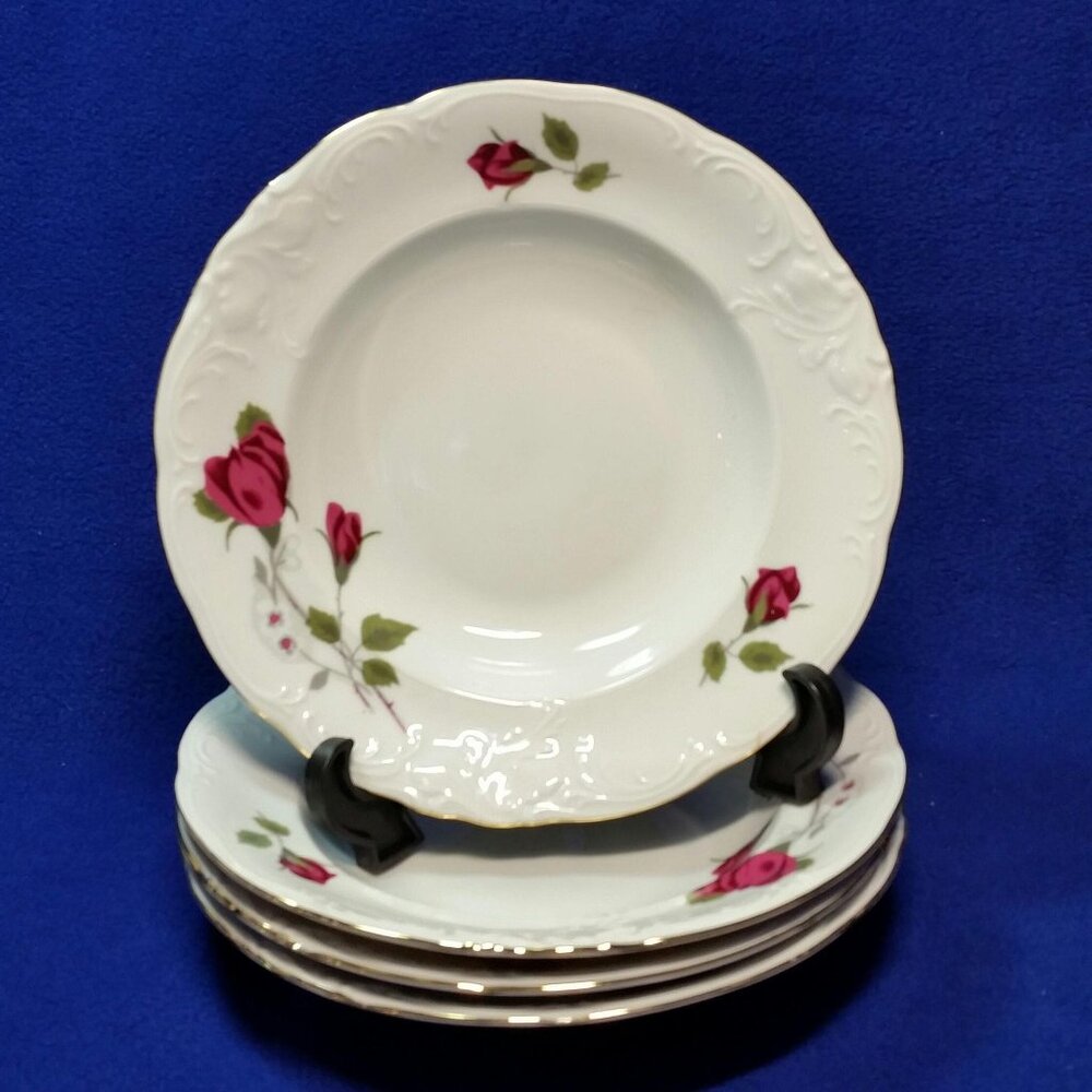 Royal Kent Red Roses Soup Bowls Set of 4 Poland Wedding Dinnerware Pre-Owned